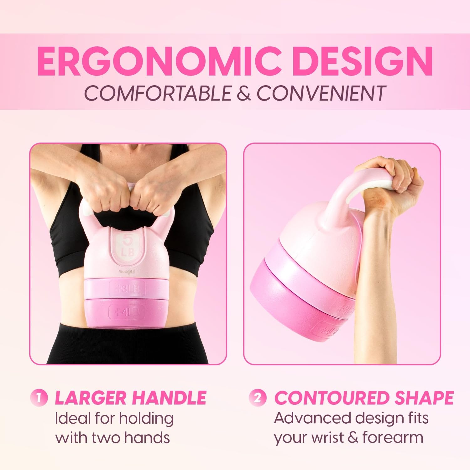 Yes4All Adjustable Kettlebell for Women – Pink Home Gym Set, 5lb–12lb Adjustable Weight, Compact Kettlebell Set for Strength Training