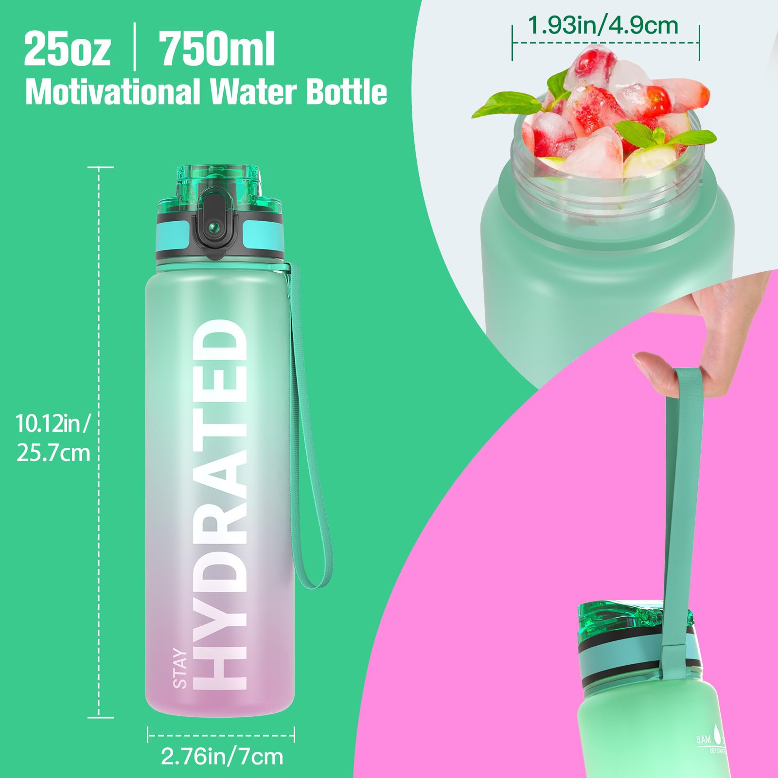 Sahara Sailor Water Bottle, 32/25/17oz Durable and Leakproof Water Bottles Motivational with Time Marker, Tritan, BPA Free, Wide Mouth with Easy Clean Brush for Gym, Travel, School, Office (1 Bottle)