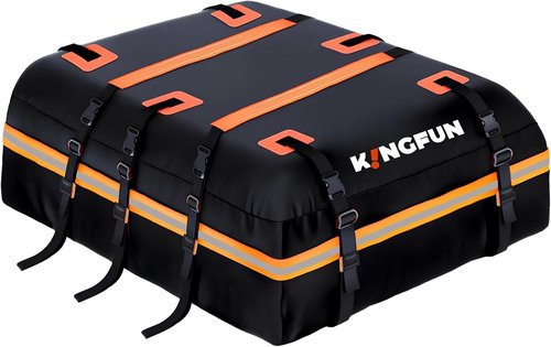 Kingfun Car Rooftop Cargo Carrier - Waterproof 15 Cu Ft Roof Bag for All Vehicles | Includes Anti-Slip Mat & 8 Straps