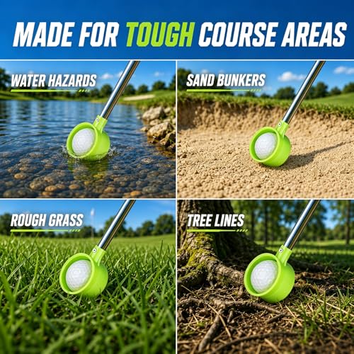 Green Golf Ball Retriever 9ft Telescopic Stainless Steel, Dual-Sided Pickup Tool