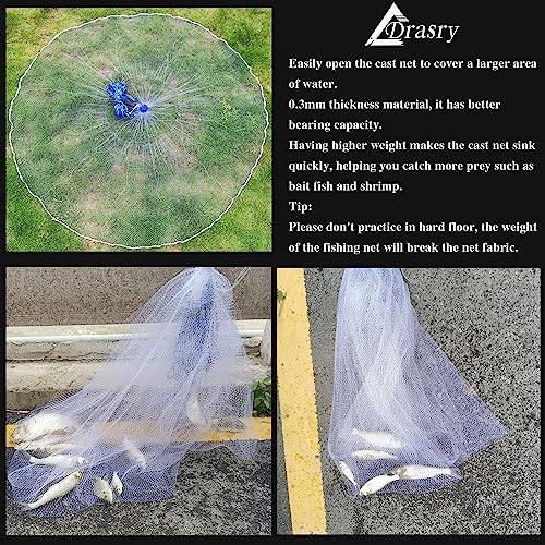 10ft Drasry Saltwater Cast Net with Lead Sinkers for Bait Fishing - 3/8 Mesh