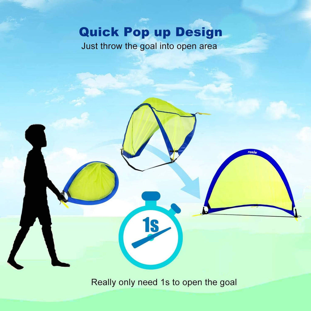 Poray Soccer Goal Set - Portable 210D Oxford Soccer Nets with 8 Field Marker Cones & Extra Stakes | Ideal for Kids' Backyard Training