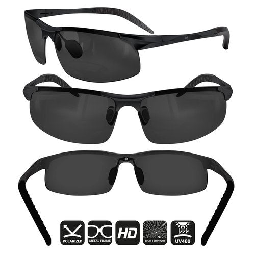 BLUPOND Set of 2 Sports Polarized Black Sunglasses for Men Women - UV400 TAC Lens - Durable Metal Frame for Driving Fishing Cycling Golfing (2 Black Lens)