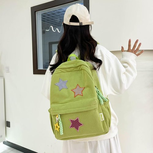 LONGSILVER Star Backpack Kawaii Large Capacity Aesthetic Rucksack Cute Accessories Bag for Woman Light-hearted Mori (Green,Large)
