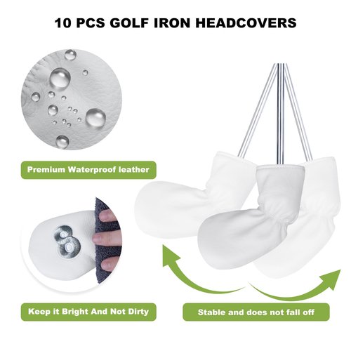 10 Pcs Iron Covers for Golf Clubs, Premium PU Leather Golf Iron Covers with Big Number Design, Fits Most Iron Clubs, Designed for Easy On and Off (White)