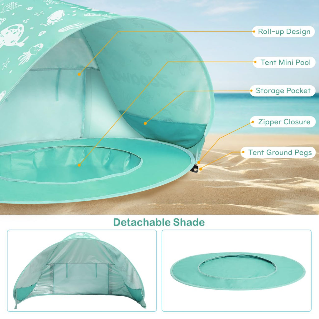 Zooawa Baby Beach Tent, Pop Up Beach Tent Sun Shade for Beach, Portable Shade Pool UV Protection Sun Shelter for Infant with Beach Sand Toys Set, Yellow