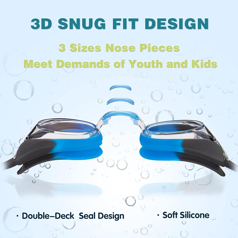 Kids Swim Goggles Anti-Fog UV - 3 Interchangeable Nose Pieces, Keary, Mirrored Green & Clear Blue