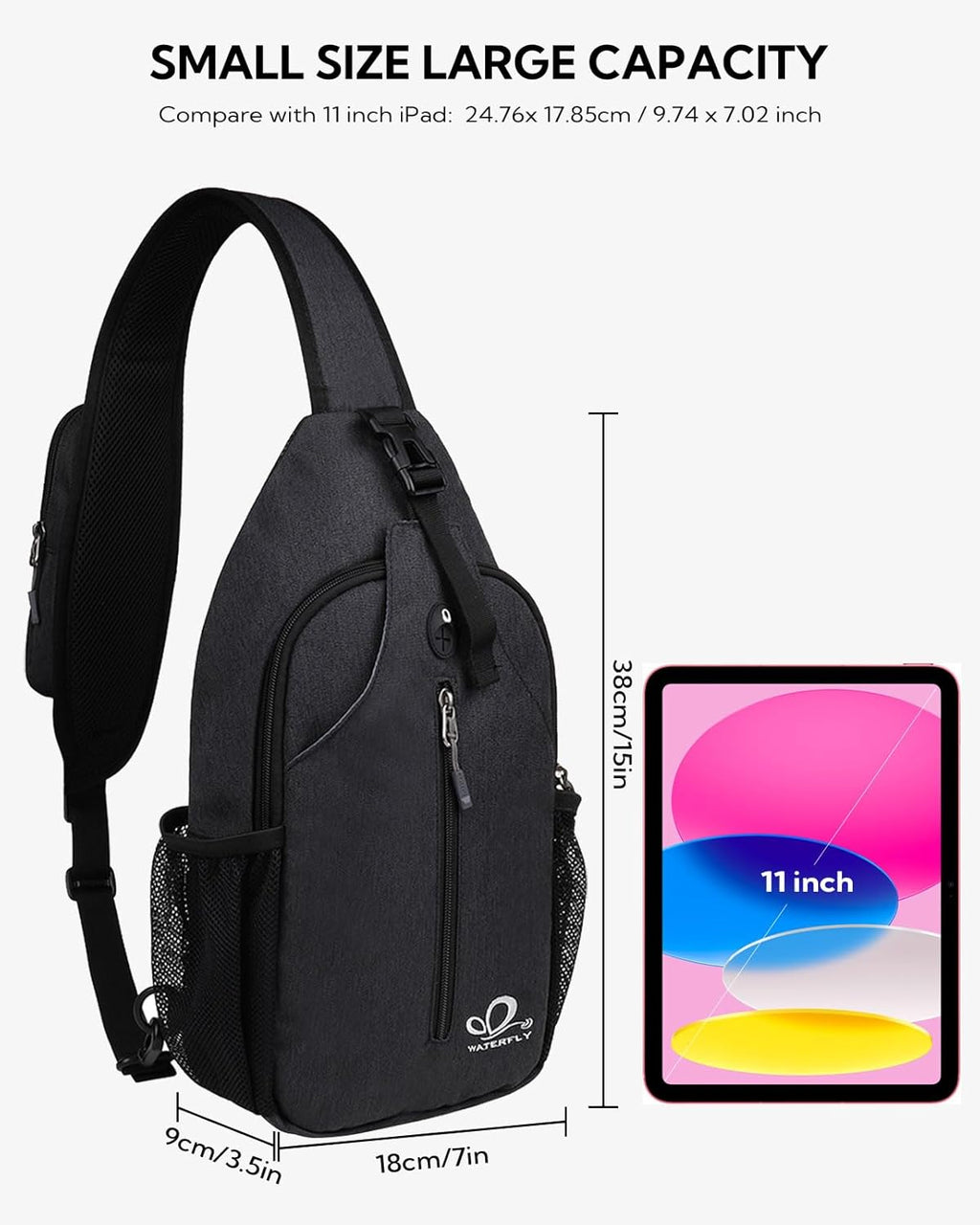 WATERFLY Crossbody Sling Backpack - Lightweight Travel & Hiking Chest Bag | Black Color