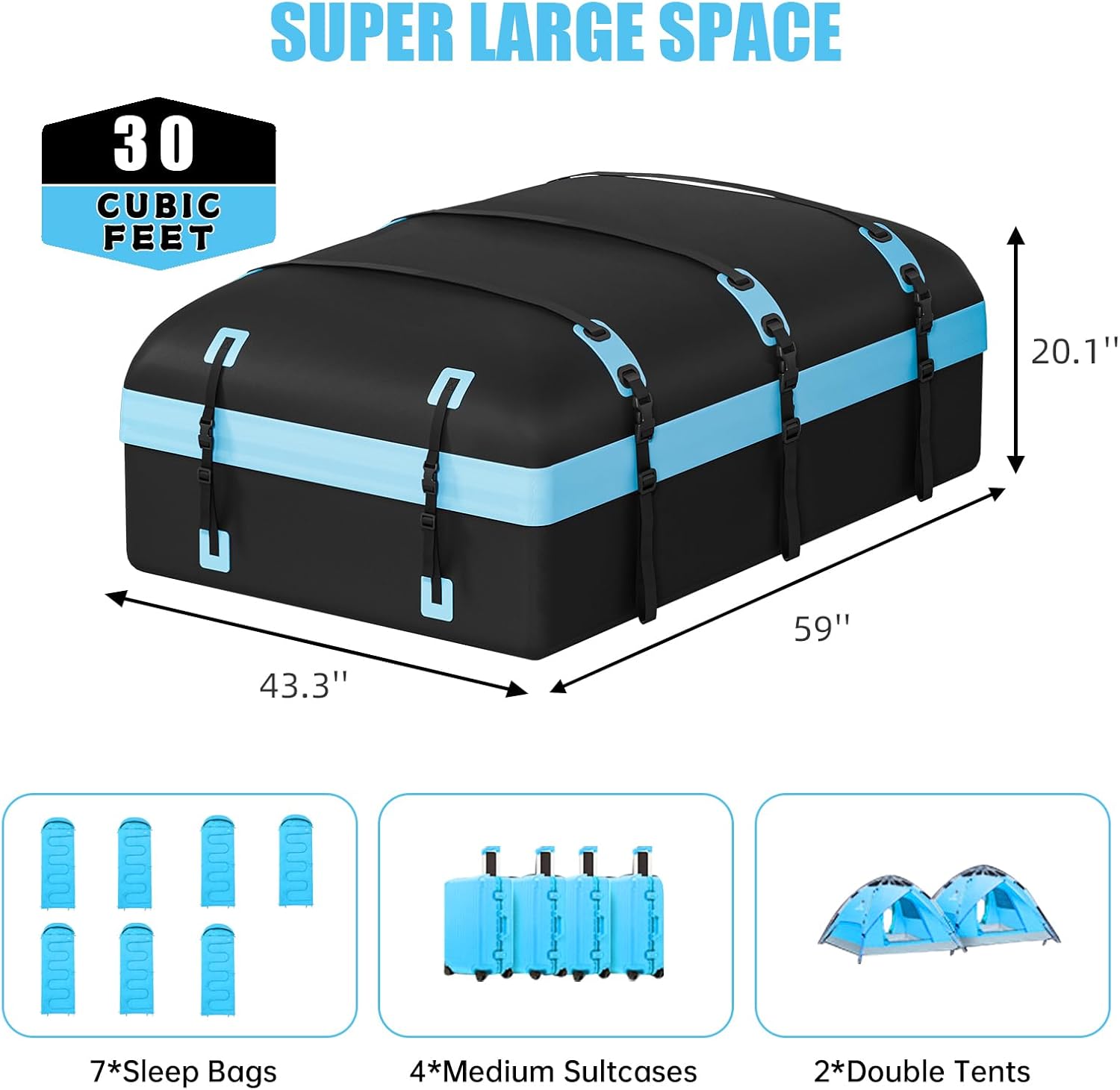 Skiennix Rooftop Cargo Carrier Bag - 30 Cubic Feet Waterproof Soft-Shell Design | Includes Anti-Slip Mat & Straps (Blue)