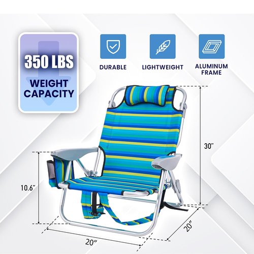 Canpsky Portable Recliners Chair for Adults, Outdoor Camping Chair Lay Flat Folding Backpack Reclining Chair with 5 Positions, Headrest, Zipper Pouch, Cup Holder, Multi Srtiped