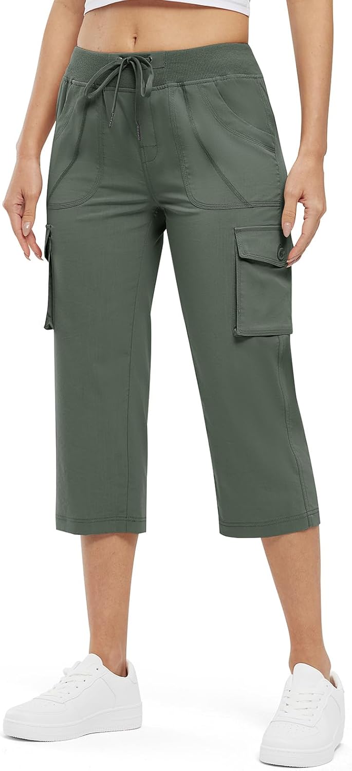 Rdruko Women's Cargo Capris - Lightweight Quick-Dry Hiking Pants with Pockets | Summer Casual Cropped Style