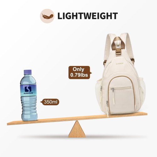 SUIKIHUM Crossbody Sling Bag with Water Bottle Holder, 8.3" Convertible Small Backpack Anti Theft Daypack, Chest Fanny Pack for Men Women, Beige
