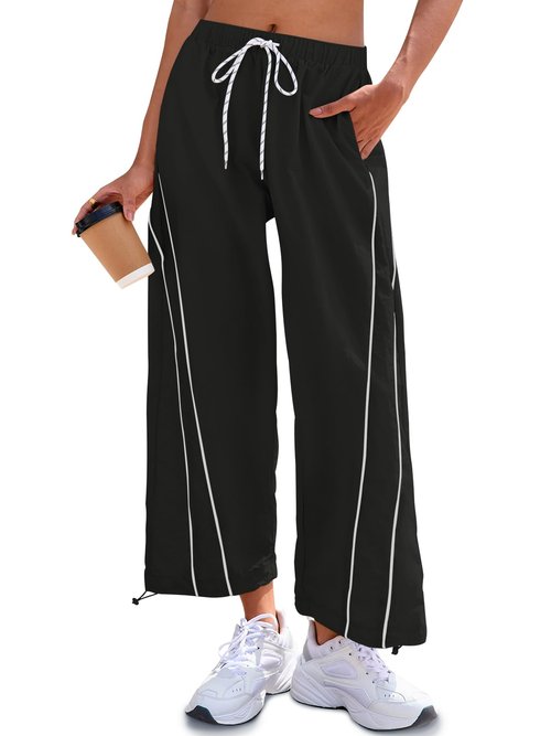 Fisoew Womens Baggy Wide Leg Pants Casual Elastic Waist Drawstring Hiking Workout Cropped Track Pants with Pockets Black