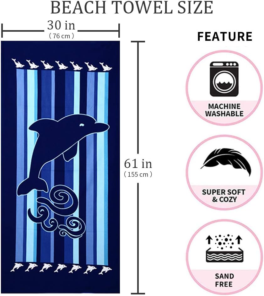 Skiennix Microfiber Beach Towels - Quick Dry & Sand Proof, 30"x60", Dolphin Design (2-Pack)