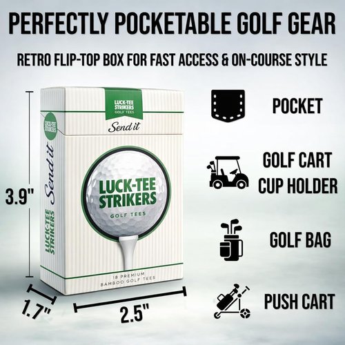 Luck-Tee Strikers Flip-Top Golf Tee Holder - Vintage Pocket Case with 18 Bamboo Tees | Unique Golf Gift for Men
