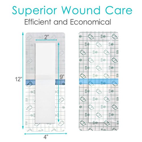 Long Waterproof Bandage Knee Replacement Surgery | 4x12 Inch Shower Protector Island Dressing Pad Bordered Gauze | Hip Surgery Recovery Large Wounds Incision Cover with Adhesive Border (Pack of 14)