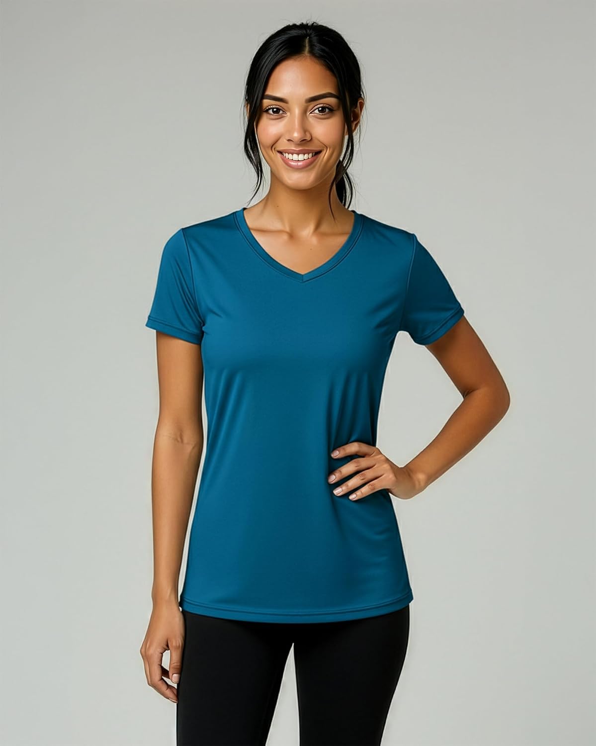 Real Essentials Women's Dry-Fit V-Neck T-Shirt | 5-Pack Workout & Yoga Tops in Plus Size