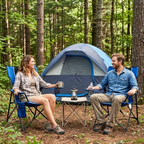 Romswi Large Blue Foldable Camping Chair with Mesh Back & 2 Cup Holders - Outdoor & Portable 2-Pack