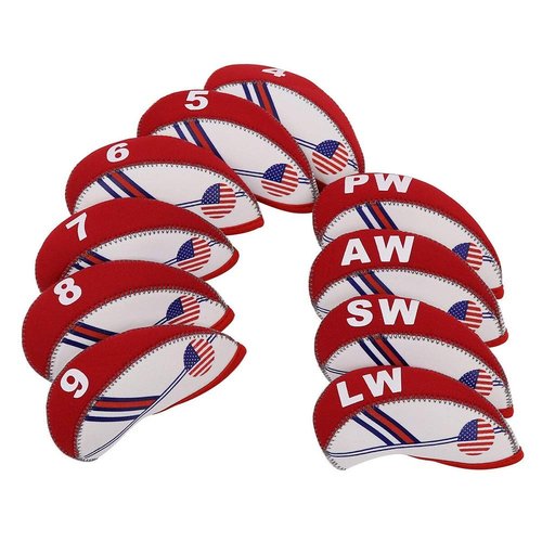 DBYAN Golf Iron Head Covers Set USA Flag Neoprene Golf Club Head Cover Wedge Iron Protective Case Head Covers Fit All Brands Titleist, Callaway, Ping, Taylormade, Cobra Etc,White & Red
