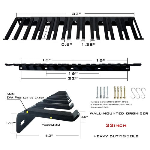 OGODU 33” Heavy Duty Tool Rack, Wall Mount Barbell Storage for Gym Equipment, 10L8S Slots for Garage/Home/Gym/Yard, 350LBS 4MM Steel 5MM EVA, Power Tool Organizer
