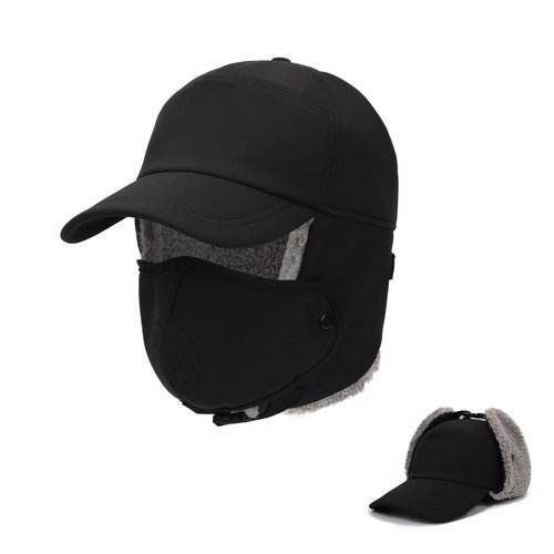 Trapper Hat for Men Women Waterproof Winter Warm Baseball Cap with Ear Flaps and Mask Black