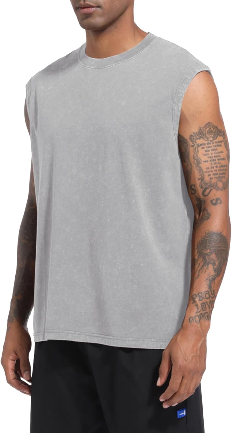 Wrenpies Men's Cotton Gym Tank Top - Sleeveless Acid Wash Muscle Shirt for Running & Beach Wear