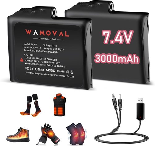 WAMOVAL (2-Pack) 7.4V 3000mAh Li-Polymer Rechargeable Battery Pack, 22.2Wh 2A Replacement Batteries with 3.5mm DC Jack Charging Cable for Heated Gloves, Heated Scoks Battery