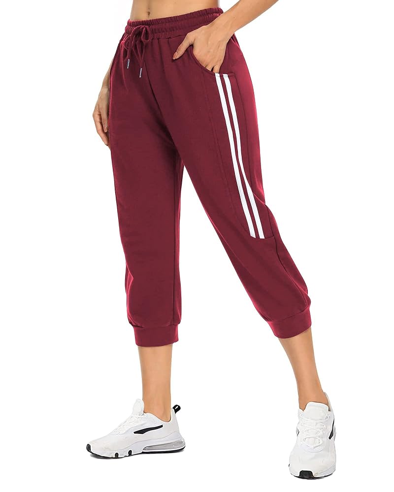 KaiDi Women’s Capri Joggers with Pockets - Wine Red Large