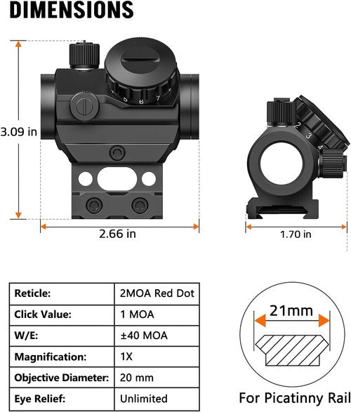 MidTen Red Dot Sight - 2 MOA Waterproof & Fogproof Optics | Compact 1x20mm for 21mm Picatinny Rail