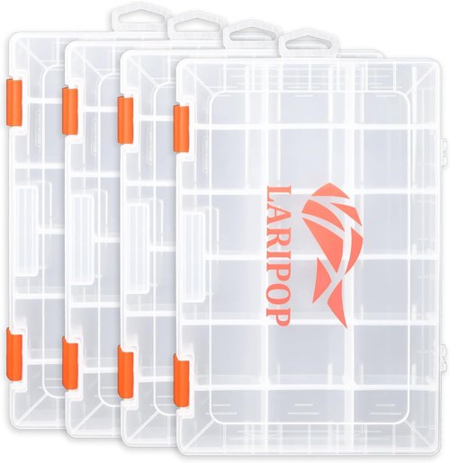 LARIPOP 3600 Fishing Tackle Boxes - Clear Plastic Storage Trays with Adjustable Dividers | 4-Pack Organizer for Lures & Accessories