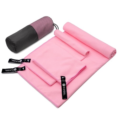 Eunzel Quick Dry Camping Towel, Microfibre Ribbed Towel Travel Towel 3 Sizes 1 Pack Fast Drying Towel Set for Camping, Beach, Gym, Sports, Yoga & Swimming Pool, Pink