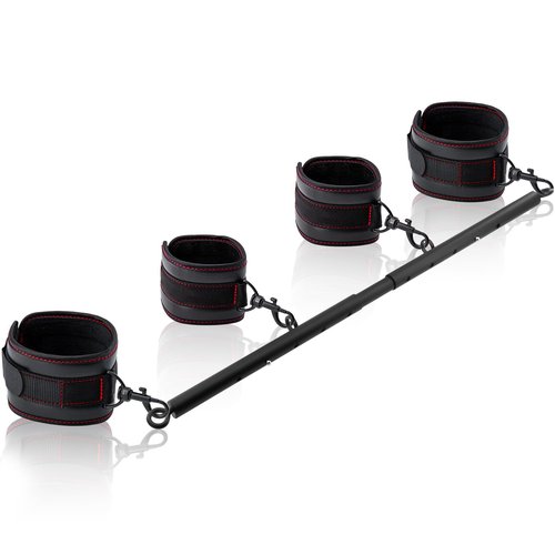 Spreader Bar Heavy Duty Stainless Steel Adjustable Bar with 4 pcs PU Cushioned Straps for Yoga, Pilates, Fitness Training, Home Gym Equipment and more. (Black+Black Magical Tape)