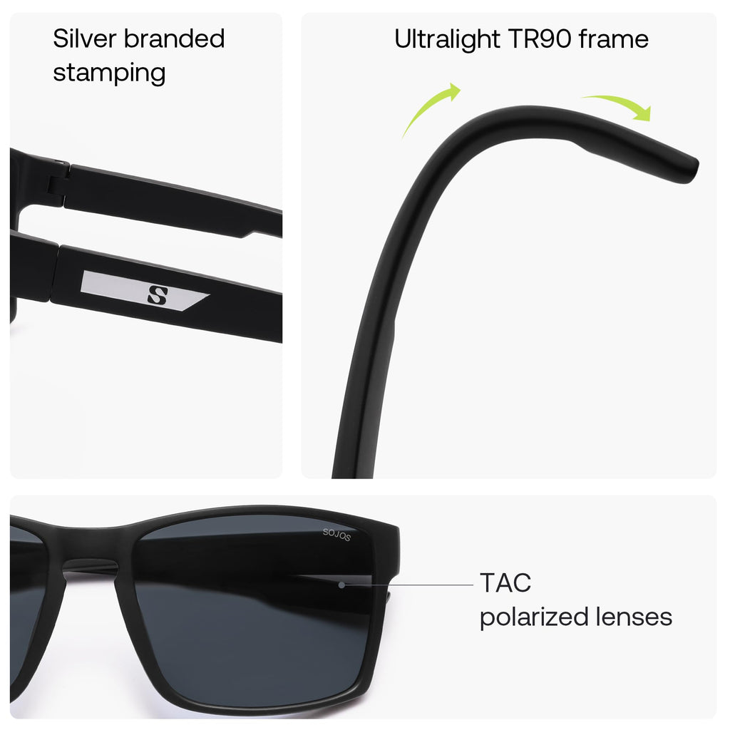 SOJOS Polarized Sunglasses for Driving, Outdoor Sports - Square UV Protection Shades Men Women, Matte Black/Grey