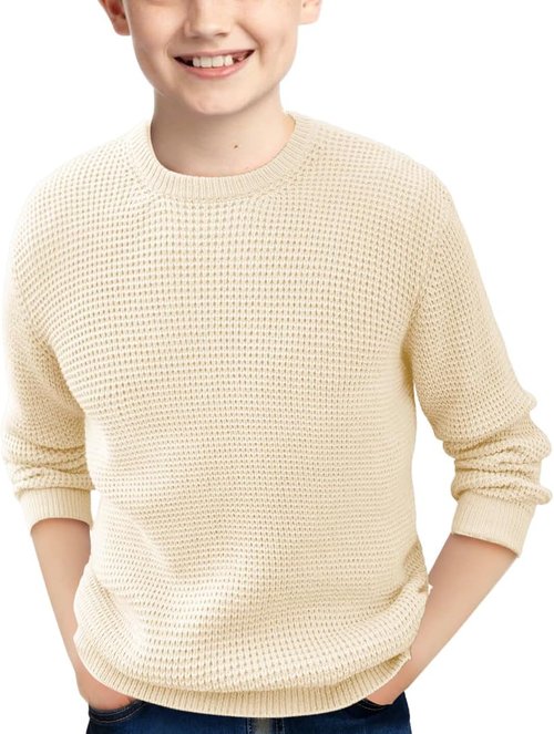 Haloumoning Boys Pullover Sweater - Chunky Crewneck Waffle Knit Jumper for Ages 4-14
