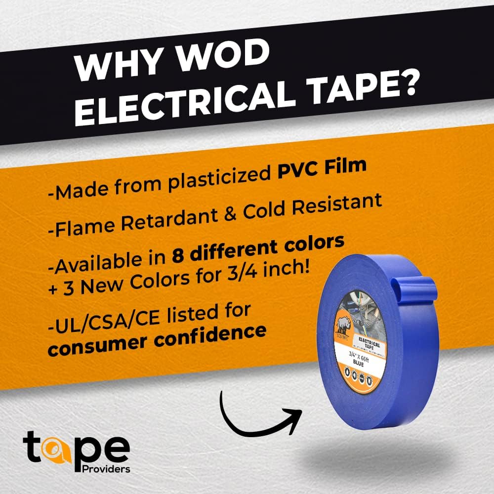 WOD ETC766 Professional Grade Electrical Tape - UL/CSA Listed, 1/2 Inch x 66 Ft, Vinyl Rubber Adhesive