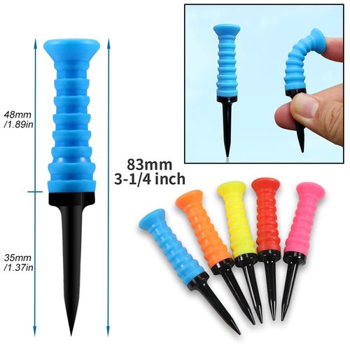 GLOOF Golf Tees Plastic, Pack of 10 Pcs Soft Rubber Top Golf Tees 3 1/4 Inch Multiple Colors Reduces Friction and Side Spin