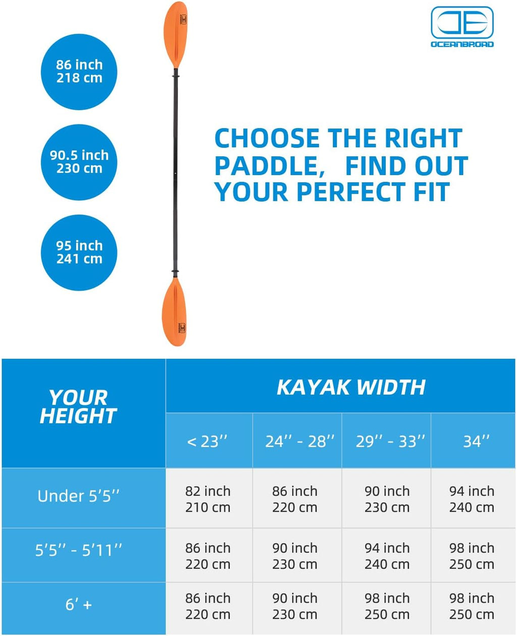 OCEANBROAD Kayak Paddle - Lightweight Alloy Shaft | 86in, 90.5in, 95in Lengths with Paddle Leash