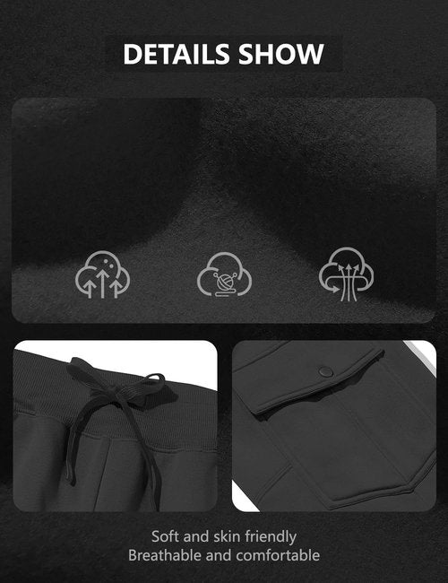 QOSOQ Men's Casual Cargo Sweatpants Fleece Lined Workout Joggers Athletic Drawstring Pants with Multi Pockets Black