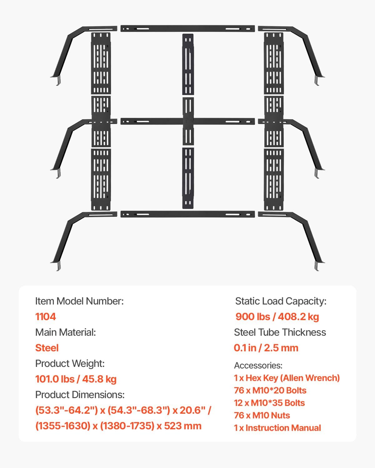 VEVOR Overland Truck Bed Rack - Adjustable 54.3-68.3 in Width | Heavy Duty Steel, 900 lbs Capacity