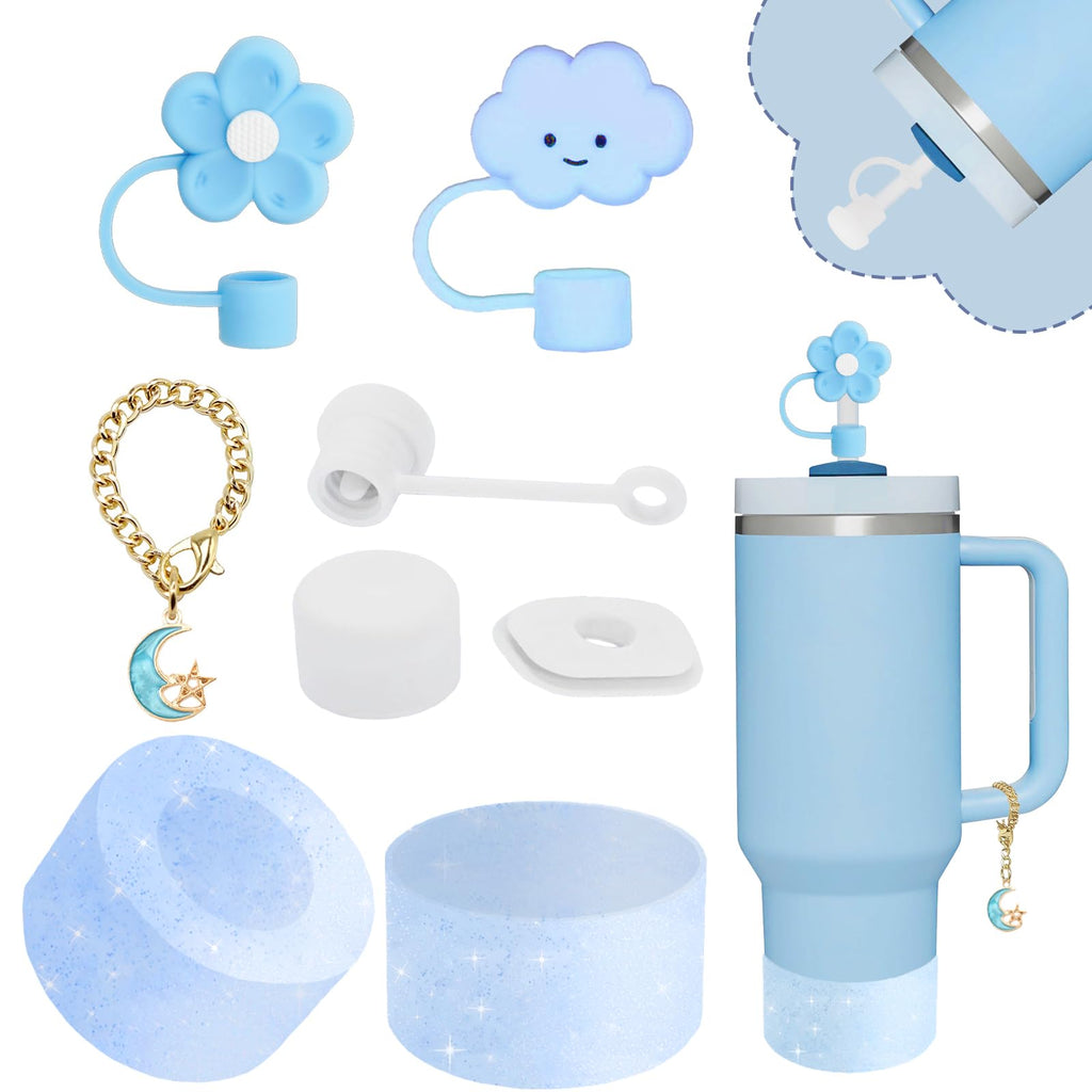 Stanley Cup Accessories Set,Including 2 Pcs 0.4in Straw Cover, 1 Silicone Spill-Proof Stopper Set of 3, 1 Cute Moon Handle Charm, 1 Silicone Boot Fits Stanley 40&30 Oz Tumbler (Blue 2.0)