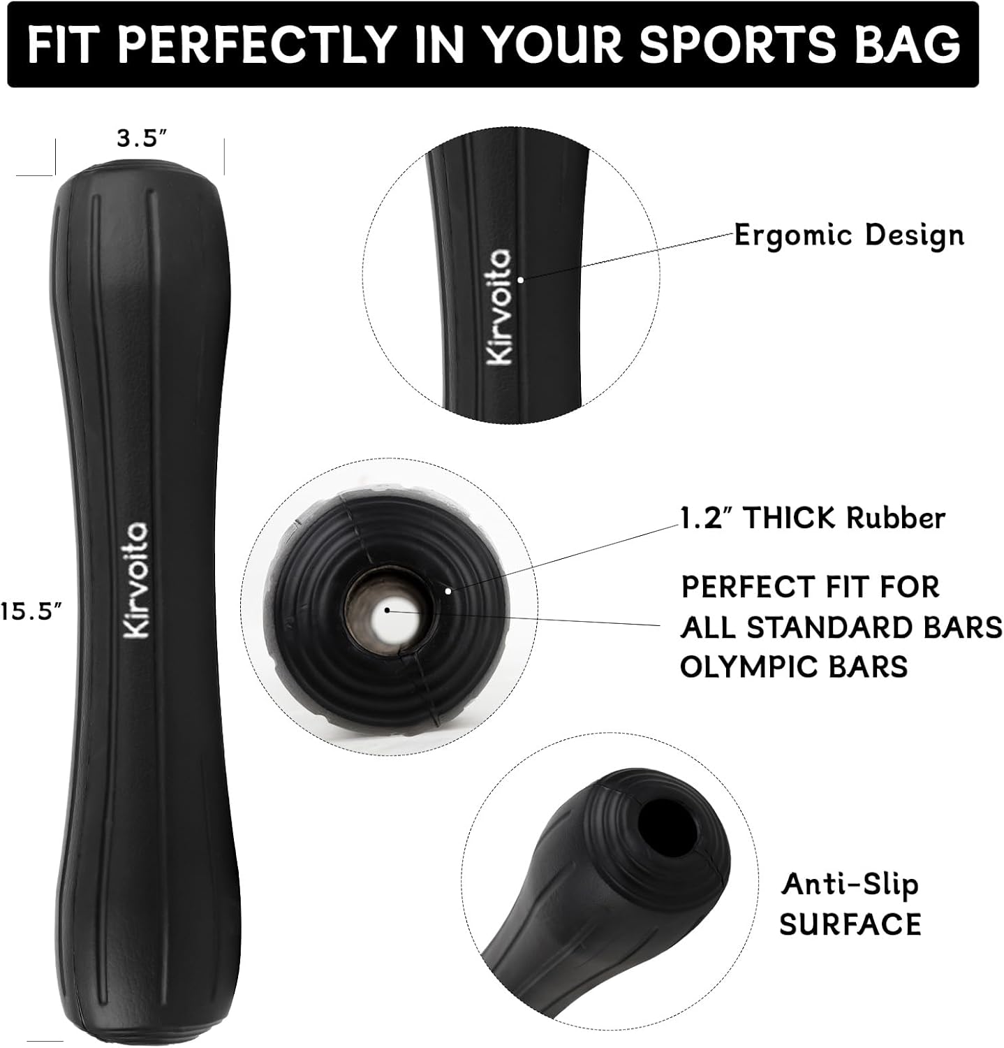 Rubber Barbell Pad - Easy to Install Squat & Hip Thrust Pad for Heavy Weights | 15.5" x 3.5" x 3.5", Black