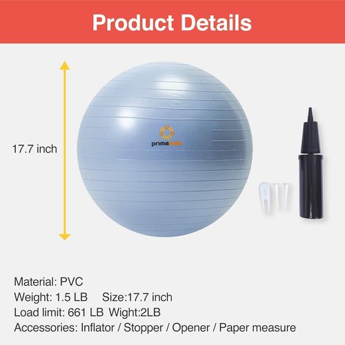 Primasole 45cm Anti-Burst Yoga Ball for Pilates, Core Strength, Pregnancy & Office Chair - Stability Ball for Home & Gym Workout (17.7 Inch, Pale Gray)‌