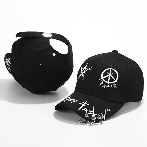 Unisex Black & White Baseball Cap-Hip Hop, Gothic, Punk Rock Streetwear Snapback Hat-Adjustable Funny Hat (Black with Rings)