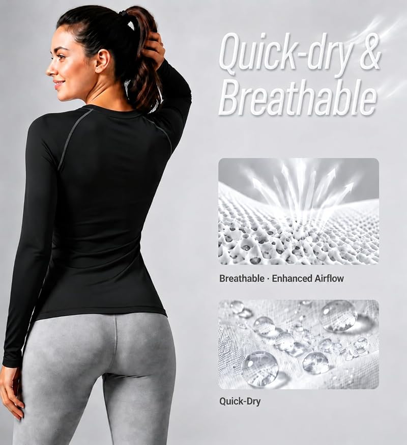 TELALEO Long Sleeve/Short Sleeve Compression Shirt for Women - 4 Pack Black, Medium
