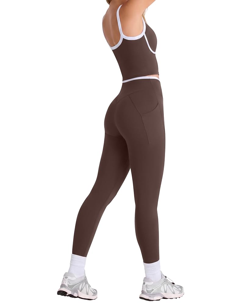 SUUKSESS Color Block 2-Piece Gym Set Women’s Yoga Pilates Outfit Brown Medium