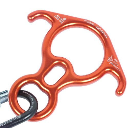 ProClimb 40 kN Rescue Figure 8 Descender - Stainless Steel Belay Device w/Bent-Ears - Figure 8 Belay Device - Descender - Rappelling Devices - Rigging Palates (Aluminum Orange)