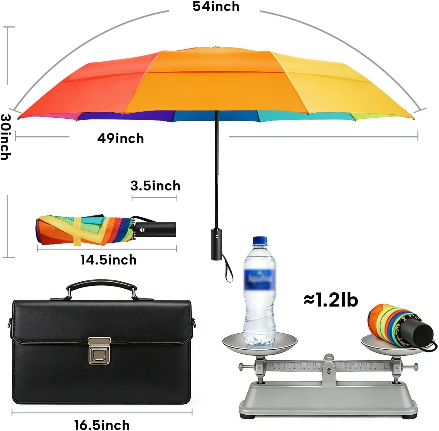 Rainbow Umbrella - Oversized 54-Inch Double Layer Windproof Golf Umbrella | Compact & Automatic Open/Close