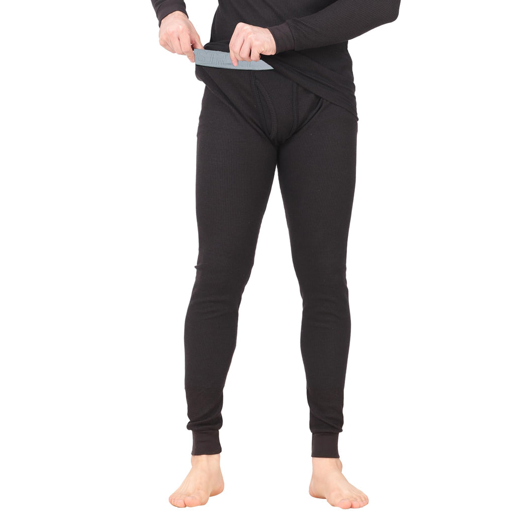 Thermal Underwear Pants For Men Long Johns Cotton Blend Base Layer Waffle Knit Bottoms Classic Cold Weather Black