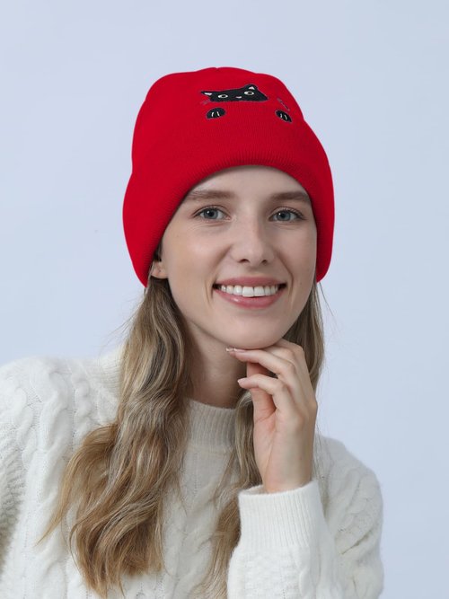 Women’s Cat Beanie Cute Cat Lover Valentines Gifts Animal Knitted Hats for Women Girls (Red)