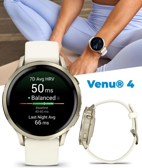 Garmin Venu 4 GPS Smartwatch - 41mm AMOLED Display, Built-In Flashlight, Lunar Gold & Bone Silicone Band | Wearable4U White Earbuds Bundle